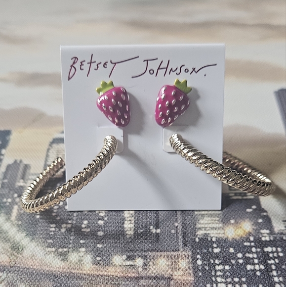 Betsey Johnson Pink Strawberry Earrings and Gold Bracelet Set - Picture 9 of 9